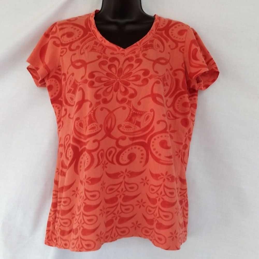 Eddie Bauer▪️Orange Patterned V-Neck Tee